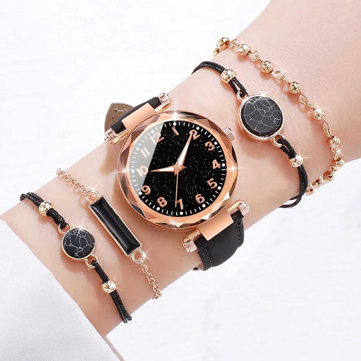 5PCS/Set Women Watches Bracelets Set Fashion Starry Sky Dial Leather Band Quartz Watch XJ250527