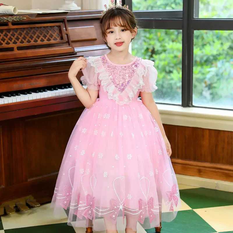 Girls Summer Mesh Dress Children Tulle Tutu Gown Kids Birthday A-Line Long Dresses 2025 Children Print Bow Short-sleeve Clothing X250528