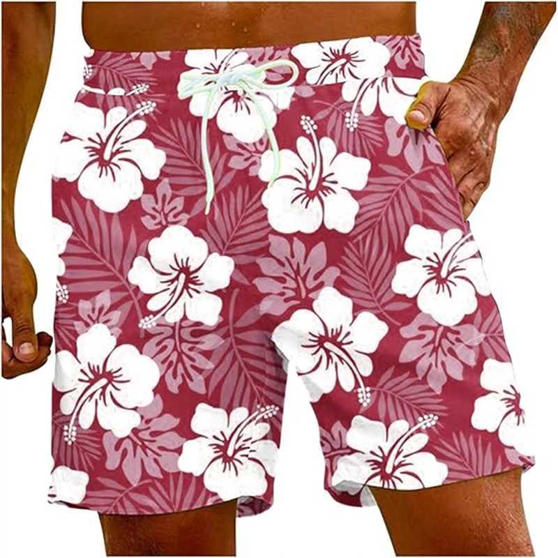 Red Hibiscus Floral 3D Graphic Shorts Mens Swim Trunks Hawaiian Surfing Board Shorts Summer Casual Quick Dry Swimwear Pants X250528