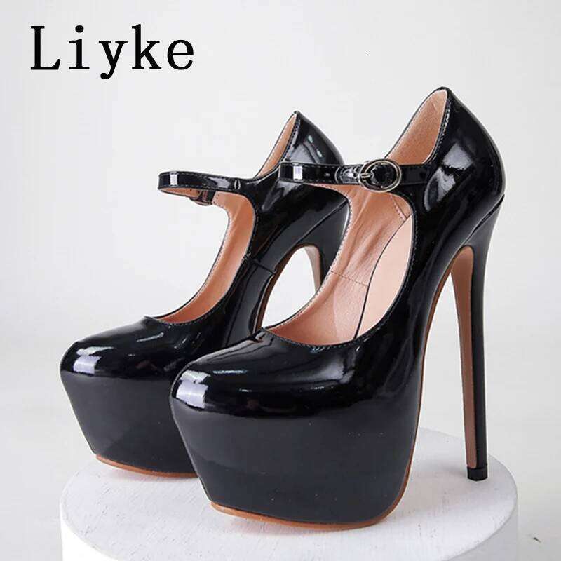 Liyke 2025 Spring Autumn Women Platform Pumps Black Round Toe Buckle Strap 17CM Super High Heels Pole Dance Shoes Stiletto Mujer