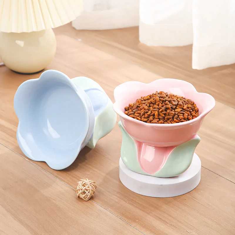 Flower Ceramic Cat Bowl Pet Food Bowl for Cats Dogs Supplies Neck Protection Y250528