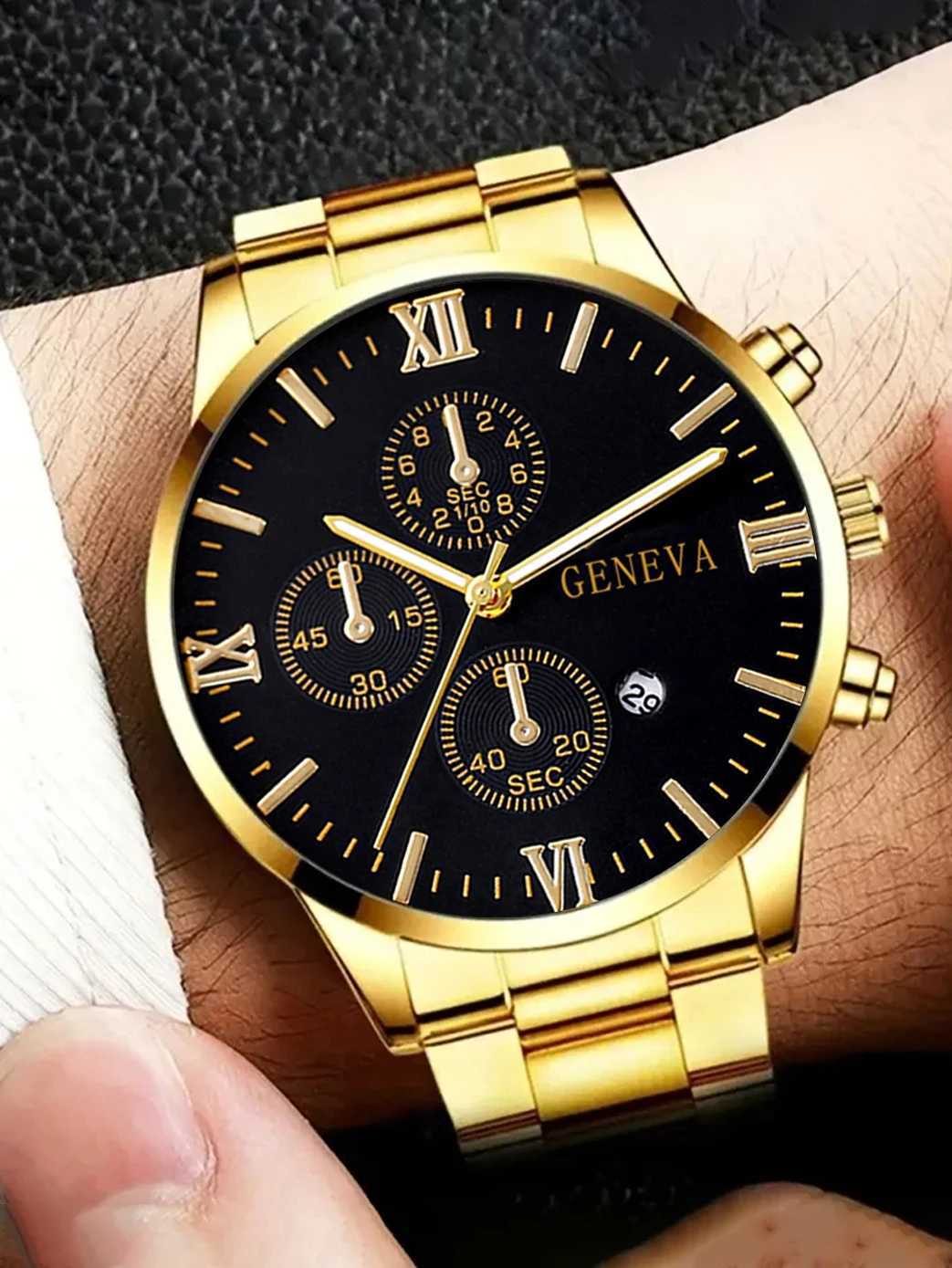 4pcs gold alloy Roman with calendar mens quartz watch and cross necklace bracelet ring set selected gift XJ250527
