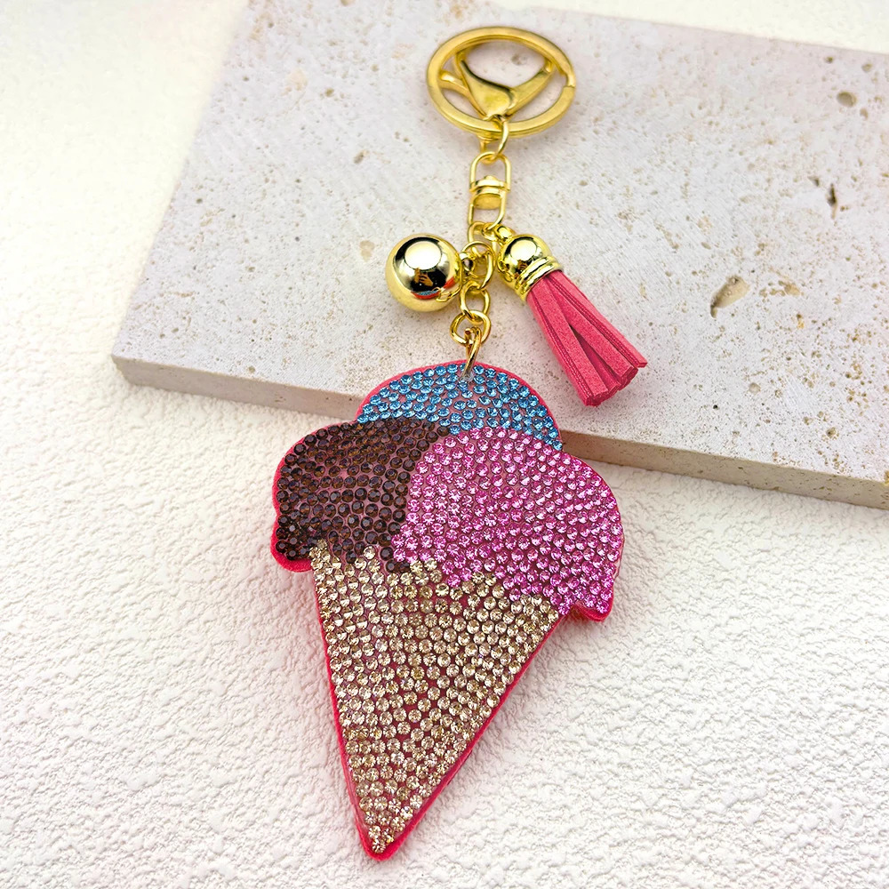 Sweet Three Balls Ice Cream Keychain For Women Men Tassel Rhinestone Pink Female Summer Bag Charm Hanging Kerholder Jewelry 250527