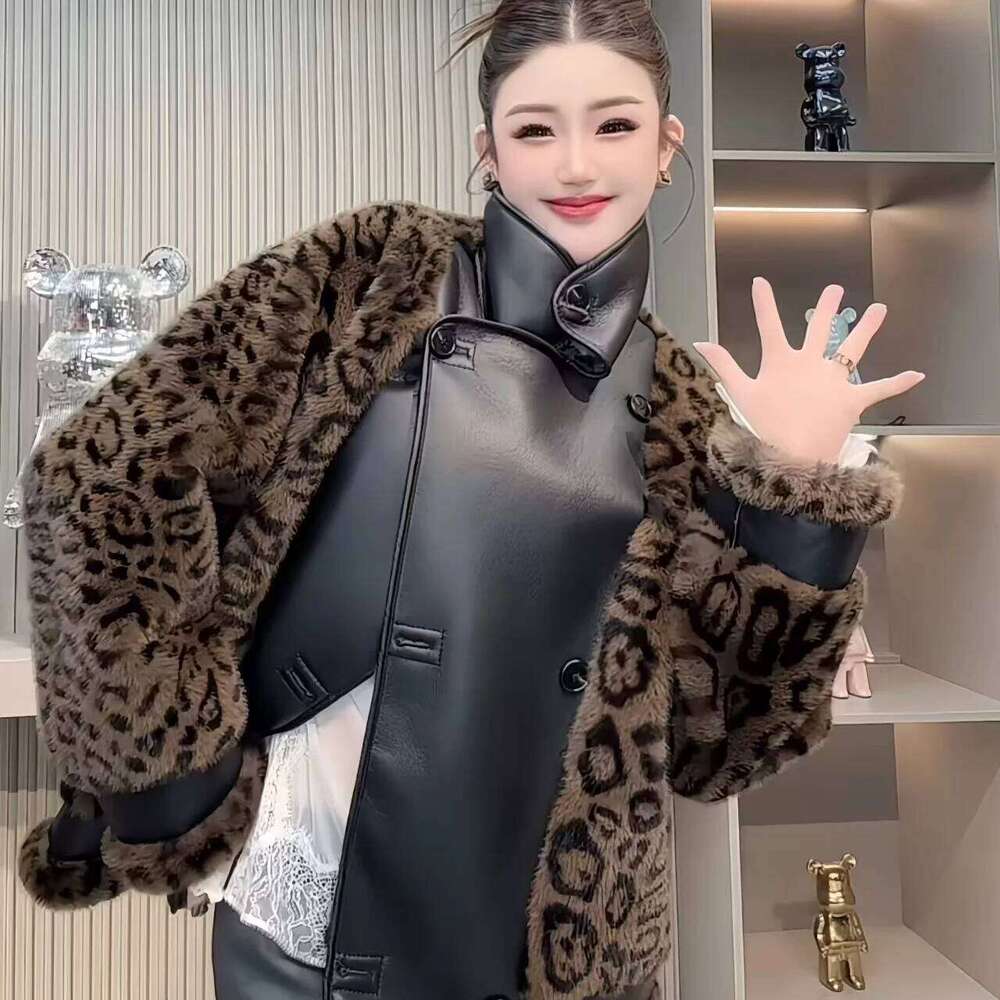 Faux Mink Fur Coat for Women, Double Breasted PU Jacket,Leopard Print Overcoat, Designer Female Clothes,Spliced,New, Winte