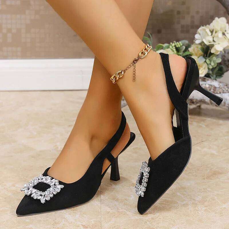 Crystal Square Buckle High Heels Sandals Women Spring Summer Slip On Pointed Toe Pumps Woman Thin Heel Party Wedding Shoes Mujer