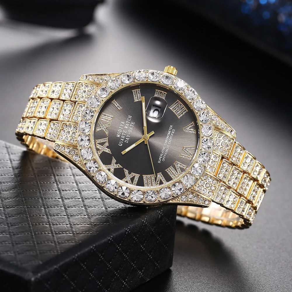 Luxury Classic Golden Mens Steel Strap Roman Scale Rhinestone Calendar Quartz Watch Fashion Male Wristwatch Relogio Masculino XJ250527