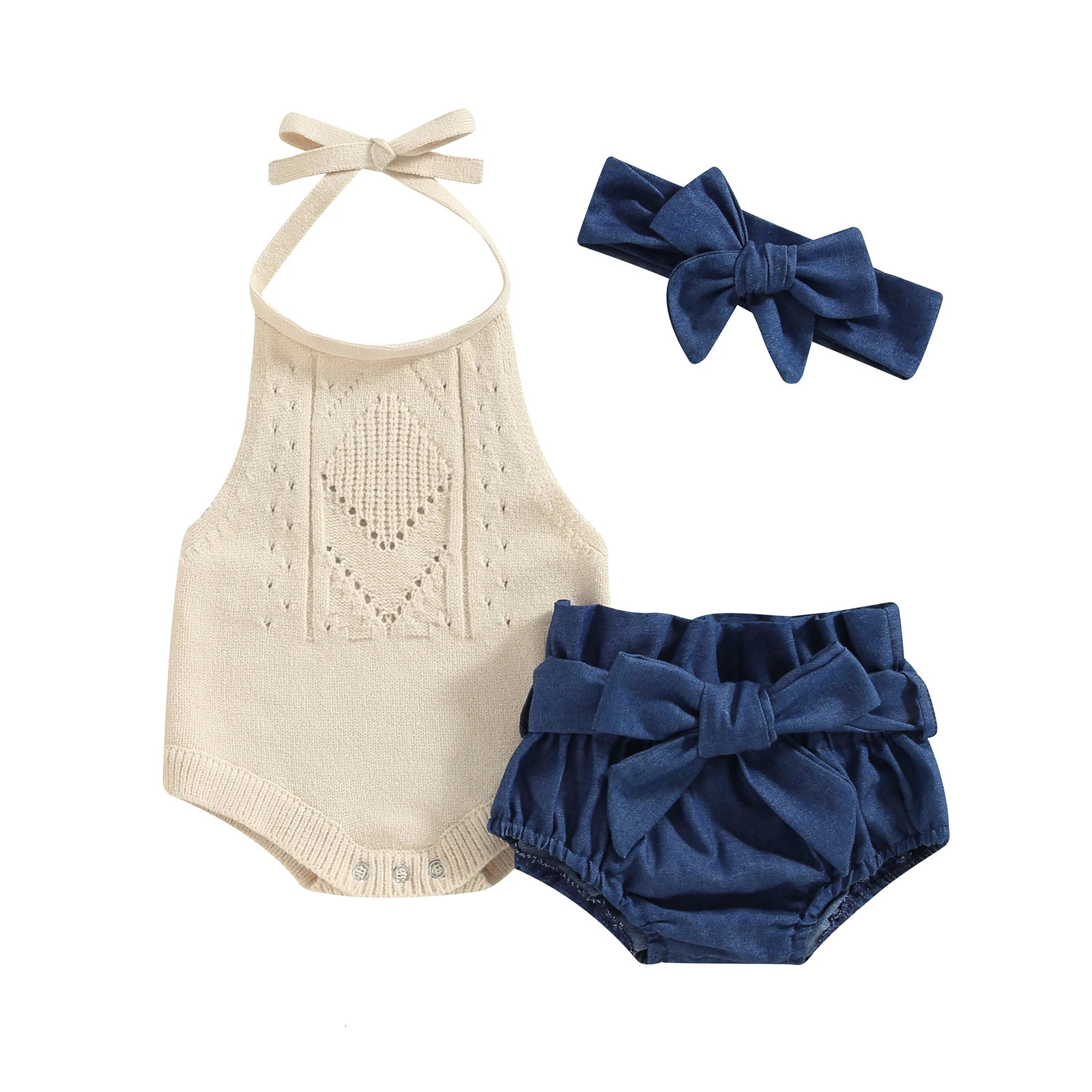 Citgeett Summer Infant Baby Girl Outfit Solid Color Halter Neck Knit Sweater Romper Denim Shorts Belt Headband Clothes Set 250528