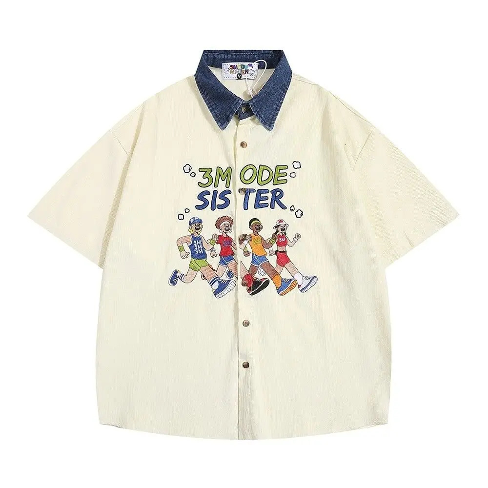 Summer American Retro Athlete Embroidered Spliced denim Neck Short-sleeved Shirt Men Women Loose Trendy Tops Aesthetic Chic 250527