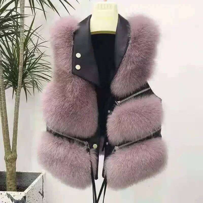2025 Faux Vest Coat Women's Lapel Sleeveless Buckle Slim PU Leather Outerwear High Street Plush Fur One Piece Jack