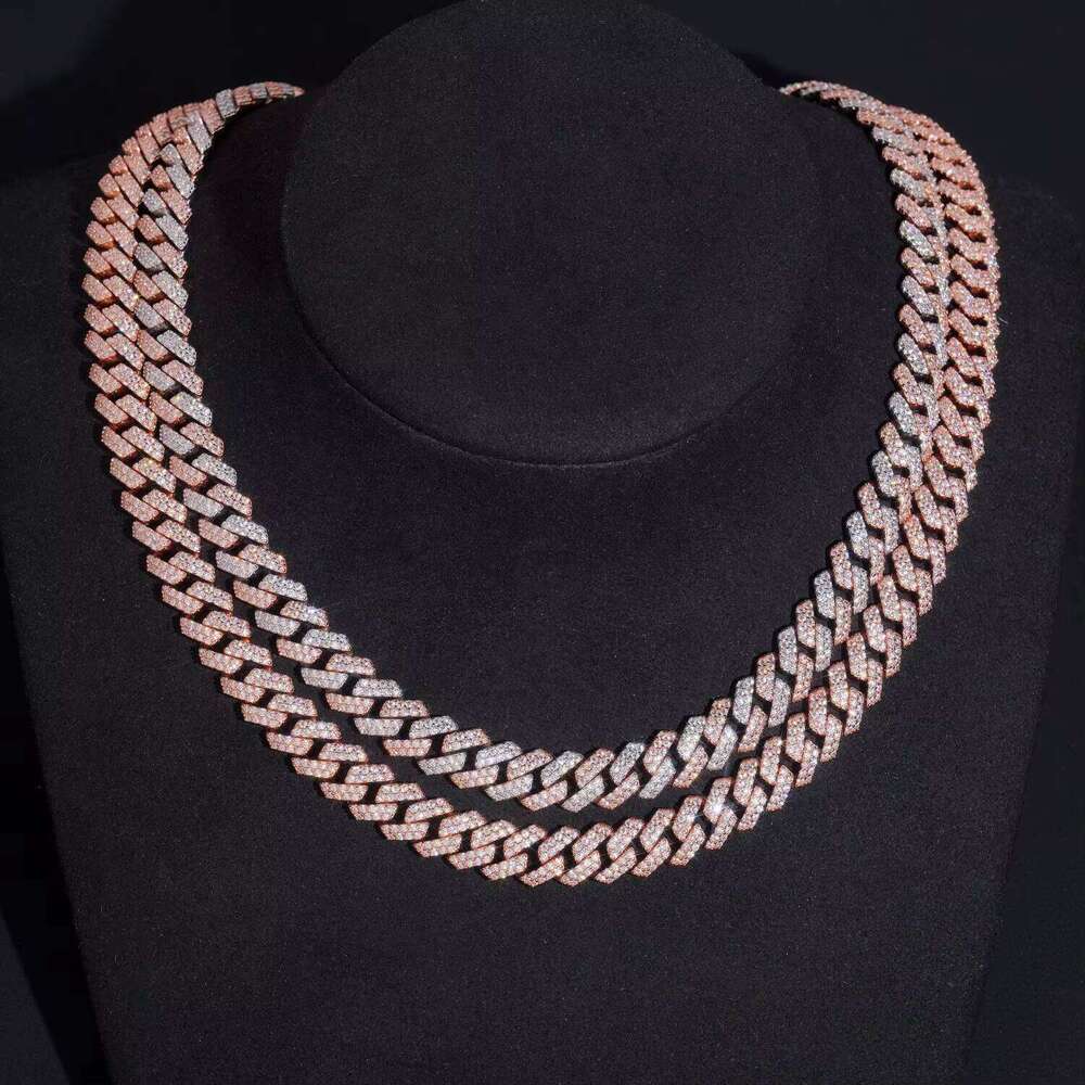 Basic Design Two Rows Iced Out VVS D Color Moissanite Dia Rose Gold Cuban Link Chain Necklace 10MM Curve Lock