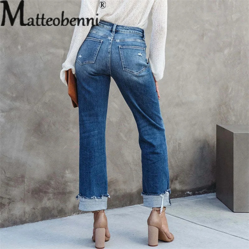 Women Mid Waist Slant Button Splicing Straight Jeans Fashion Broken Holes Denim Pants Female Urban Casual Trousers 250516Z