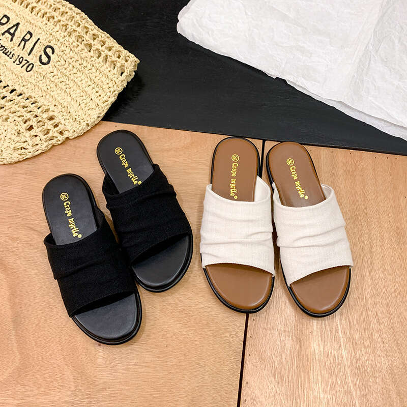 Su Yinyin Same Bangkok ~ Vacation Style Beach Linen Pleated Flat Sandals for Women Outdoor Summer Slippers