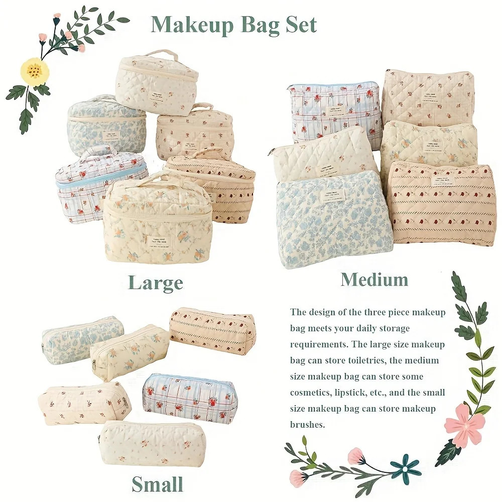 Large Travel Quilted Makeup Bag for Women Floral Cotton Cosmetic Bag Coquette Aesthetic Floral Toiletry Organizer Bag 250527