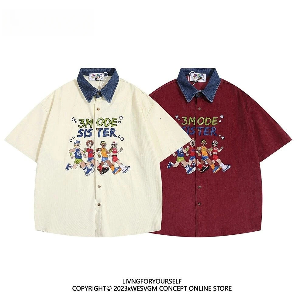 Summer American Retro Athlete Embroidered Spliced denim Neck Short-sleeved Shirt Men Women Loose Trendy Tops Aesthetic Chic 250527