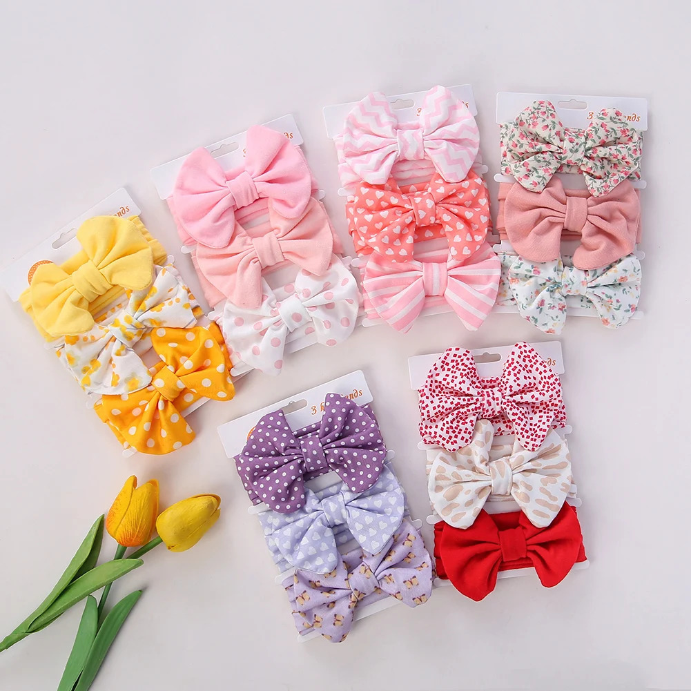 3Pcs/Set Cute Cotton Bows Baby Headbands born Infant Ealstic Hairbands Boys Girsl Dot Striped Flower Print Kids Headwraps 250528
