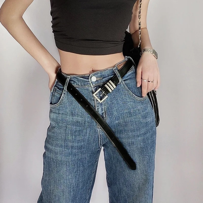 Womens Fashion Leather Black Wide Belt Square Pin Buckle Adjustable Waistband Fashion Fine Lady Jeans Belts Silver Girdle 250523