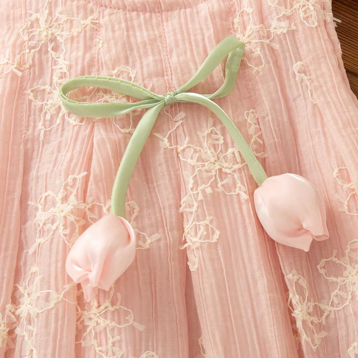 Girl Clothes Fashion Flower Decoration Sweet Pink Sleeveless Gauze Dress Summer Beach Dress Kids Clothes X250528