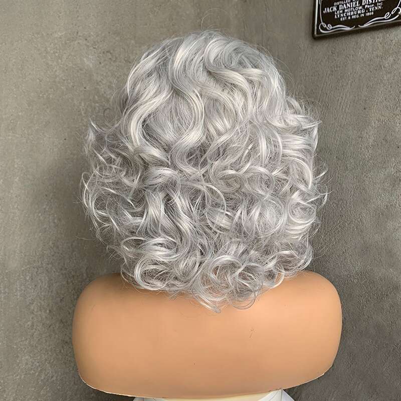 Women's wig New Short Curly Natural Fluffy Sier Mom Hair Fashion Granny Gray Wig Cap