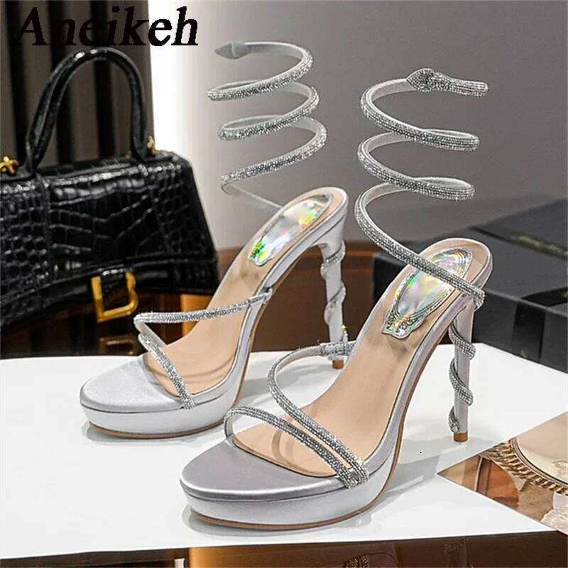 Aneikeh Water Dia Strap Sandals Women's Serpentine Wrapped Sexy Open Toe Thin Heel Waterproof Platform Shoes High Heels