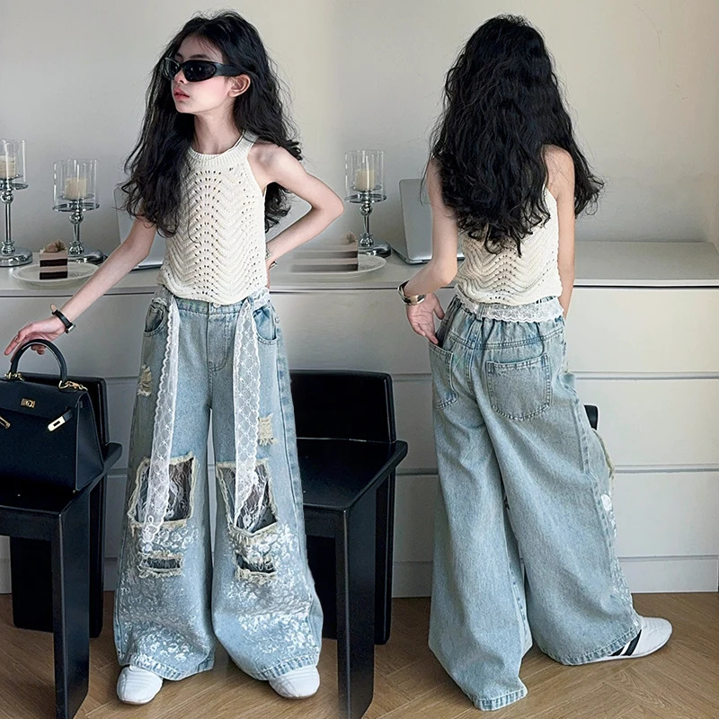 Kids Stylish Streetwear y2k Jeans For Girl Lace Drawstring Denim Pants Child Fashion Hip Hop Ripped Trousers with Holes 250528