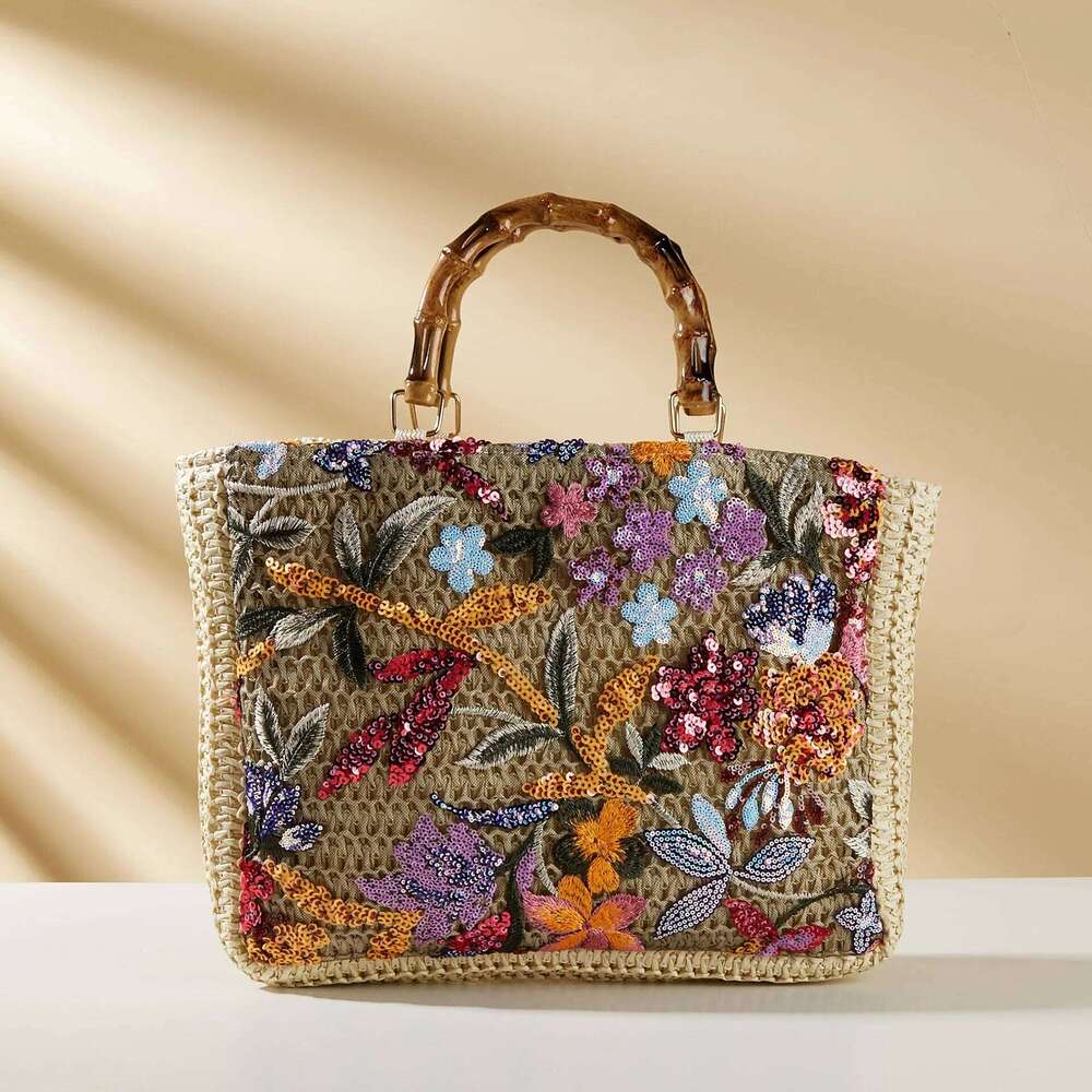 Embroidery Flower Sequined Shoulder Designer Beach Bag Large Capacity Straw Woven Basket Bags Faux Bamboo Handbag NEW