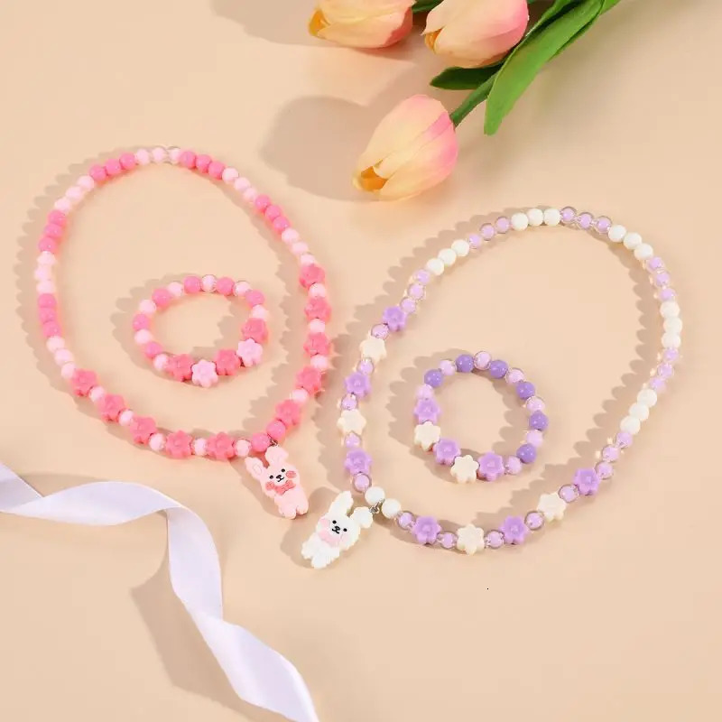 Makersland Children Sweet Necklace Bracelet Set Cute Pendant Pink Purple Beaded Girls Beads DIY Jewelry Wholesale 250519