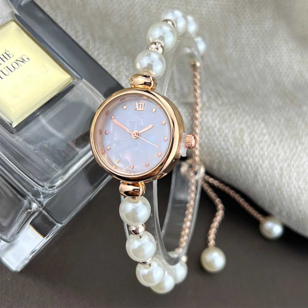 Womens Beaded Pull-out Bracelet Alloy Rose Gold Case Premium Fritile-textured Dial Elegant Quartz Watch Suitable for Banquet XJ250527