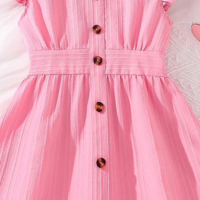 Kids Dresses for Girls 8-12 Years Pink Small Flying Sleeves V-Neck Dress 2024 New Summer Teenager Sweet Casual Daily Dress X250528