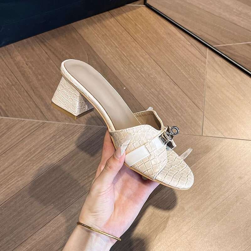 Genuine Leather Korean Crocodile Pattern High for Women Summer Open Toe Small Gold Buckle One Strap Chunky Heel White Sandals