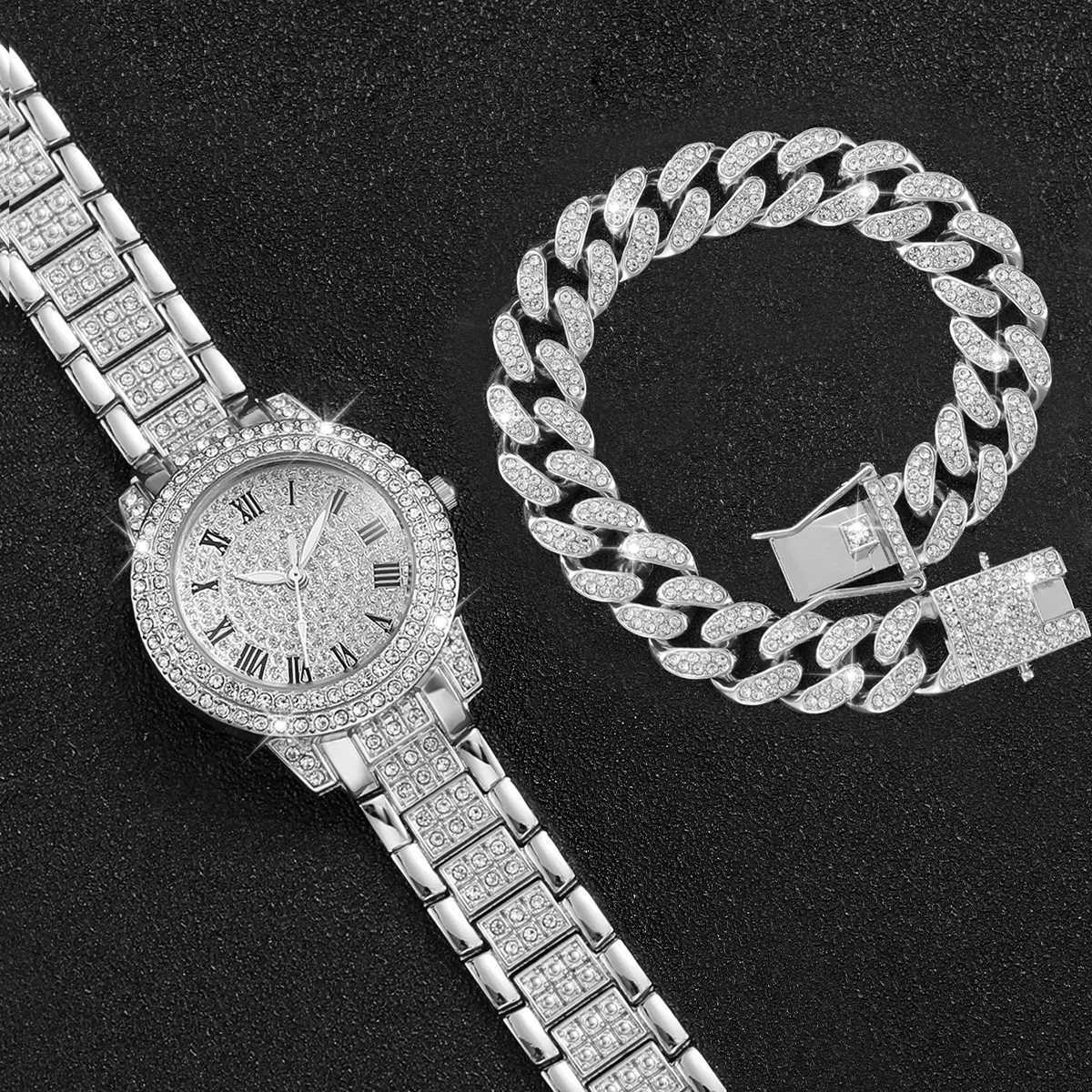 2PCS Fashion Diamond Women Watches Gold Watch Ladies Wrist Watches Luxury Rhinestone Womens Bracelet Watches Womens Watch XJ250527
