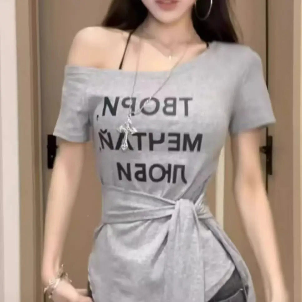 Strap Waisthugging Slim 2025 Tops for Summer Letter Tshirt Offshoulder Shortsleeved Pullover 250517
