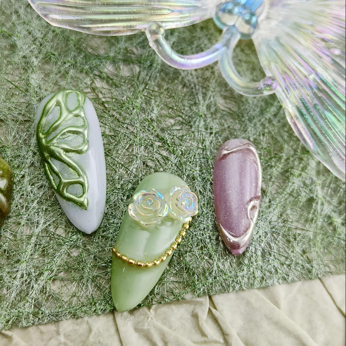10pcs 3D Handrawn Handmade Press-on nails Medium Almond Nails Fake nails Bundle 3D Flwoers Butterfly Finished nail stickers Free storage box jelly glu