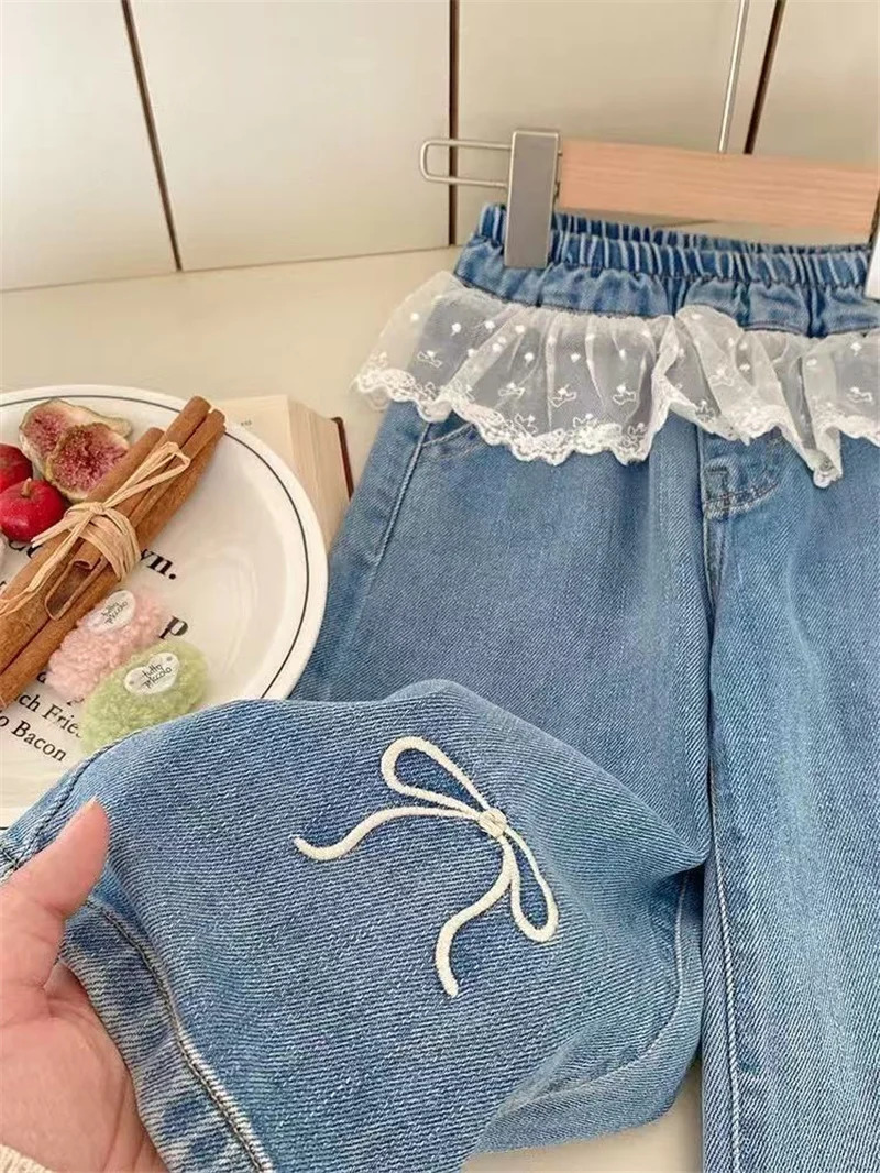 Girls Stitching Lace Denim Pants Spring Embroidered Bow Jeans Children Clothes Kids Straight Legged Loose Trousers 250528