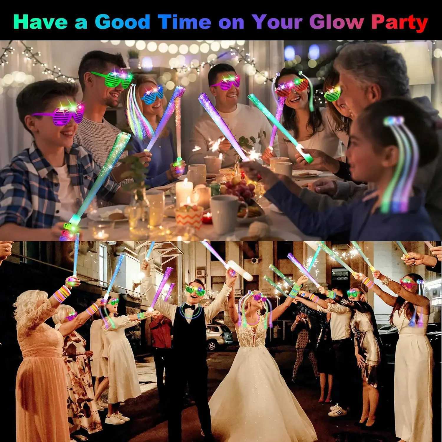 290-Pack LED Party Supplies 200 Glow Sticks 24 Fiber Wands 15 LED Glasses 33 Finger Lights 18 Hair Clips for Wedding W250528