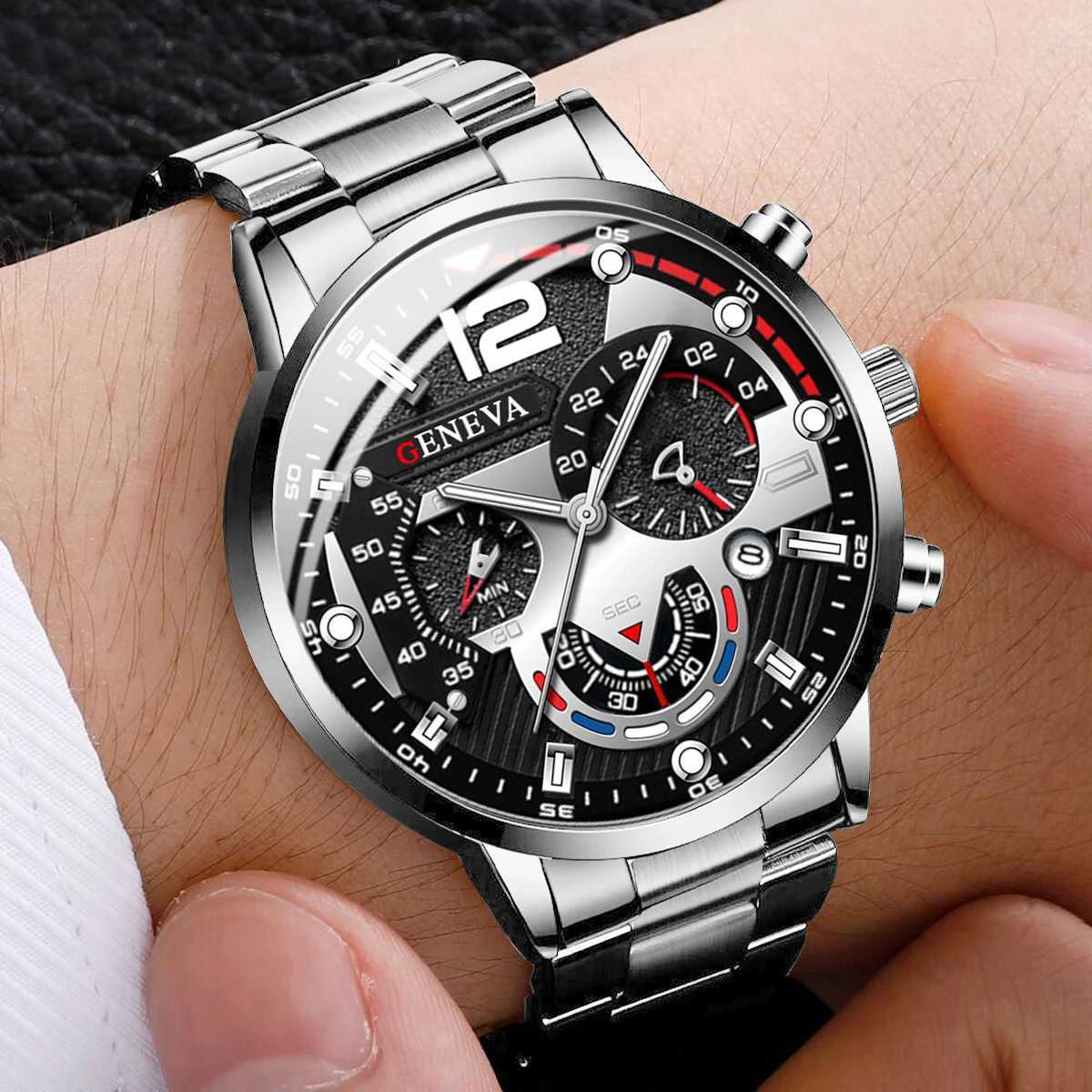 3PCS/Set Fashion Mens Watches Stainless Steel Band Analog Quartz Watch Calendar Watches Jewelry SetWithout Box XJ250527