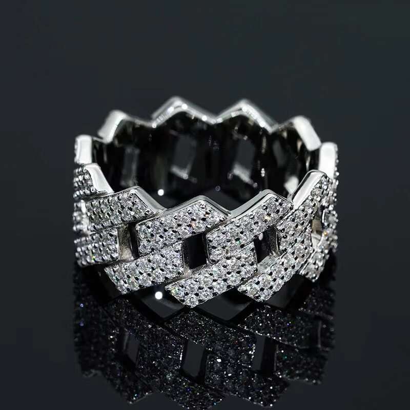 Luxury 925 Sterling Sliver Cuban Link Ring with round Brilliant Cut Moissanite Diamond for Wedding Engagement Party Gift