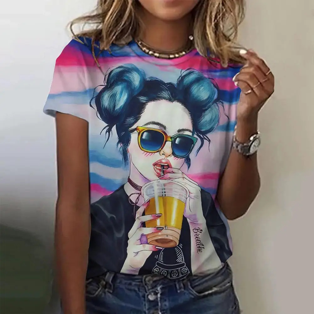 Womens TShirts Cartoon Characters Print TShirt Harajuku Vintage Short Sleeved Tees O Neck Funny Top Oversized Female Clothing 250517