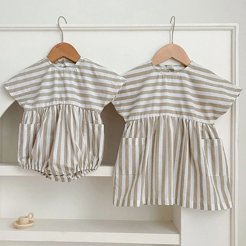 Summer Sister Dress Toddler Vintage Stripe Romper Girls Clothes Ruffles Lace Baby Bodysuit Family Macth Clothing 250528