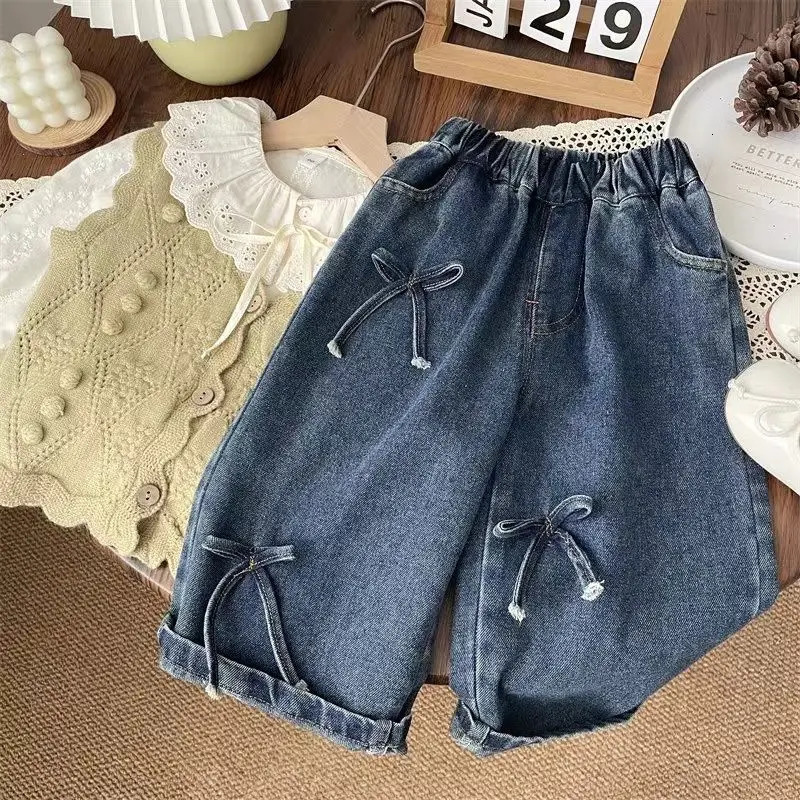 Spring and Autumn Girls Baby Jeans Loose Edition Childrens Korean Bow Denim Straight Leg Pants Wide 250528