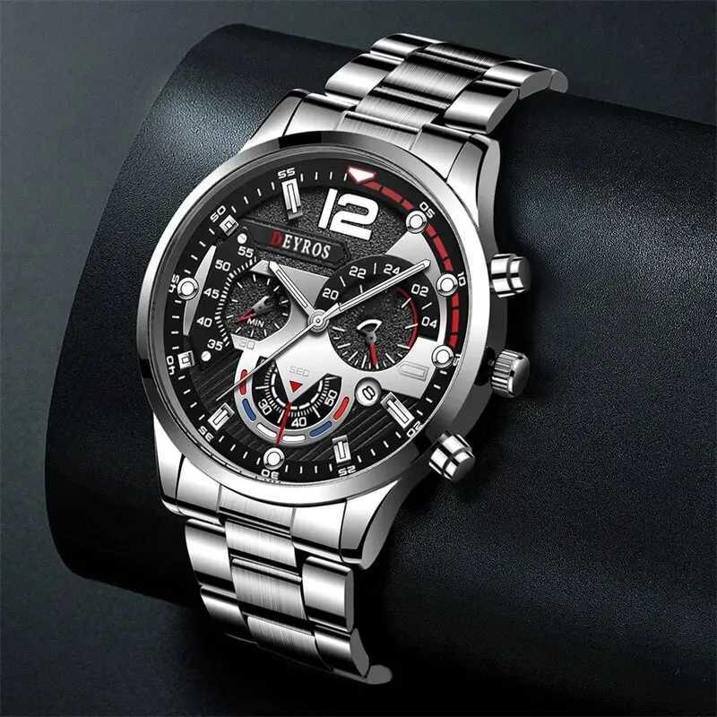 2pcs Luxury Mens Silver Quartz Watch With Stainless Steel Bracelet Men Fashion Business Casual Watch Luminous Clock XJ250527