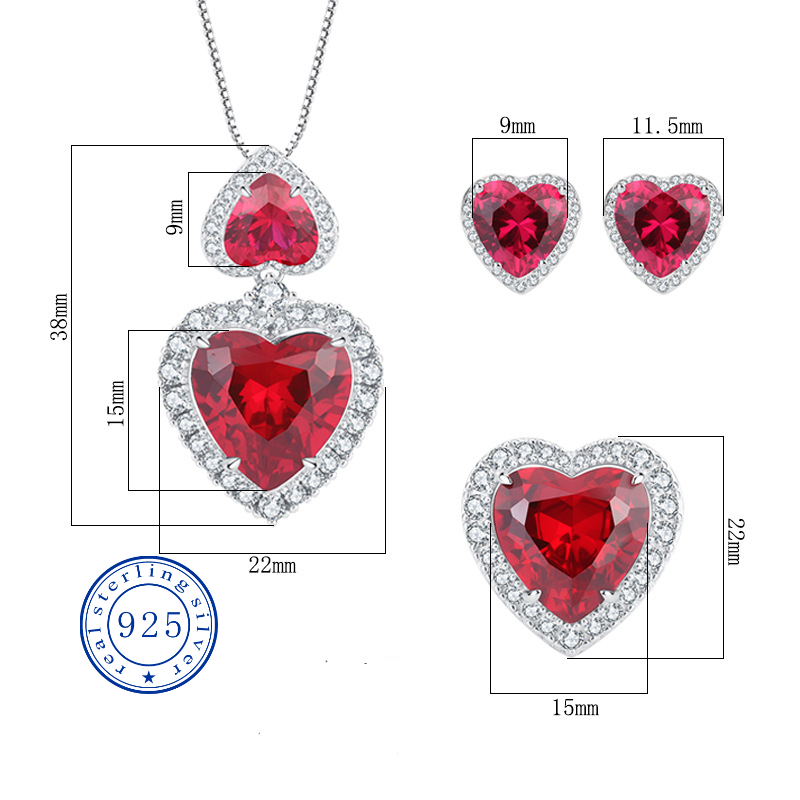 15*15 Love Jewelry Set S925 sterling Silver rose Red High Carbon Diamond Ring, Pendant Necklace, Earrings ,Antique Classic Elegant Precious Jewelry Se
