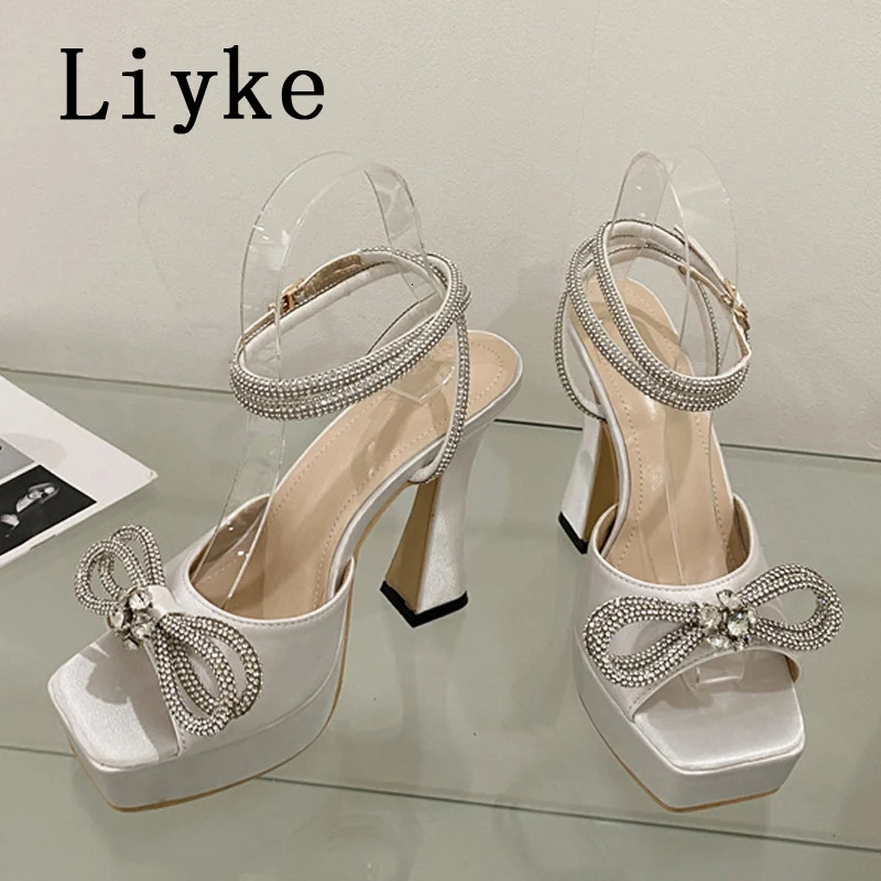 Liyke Super High Sexy Sandals Ladies 2025 Summer Open Toe Crystal Bowknot Platform Heels Party Wedding Shoes Women Black White 250526