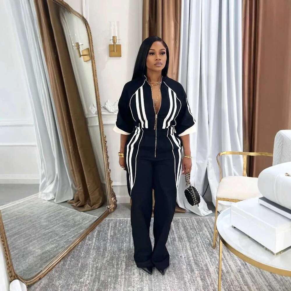 Women Half Sleeve High Waist Straight Wide Leg Jumpsuits Striped Cargo Active Holiday Night Party One Piece Suit Romper