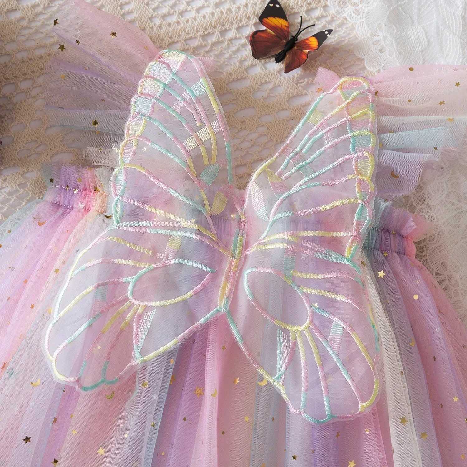 Baby Girls Rainbow Star Sequin Gradient Tulle Sling Dress 3D Butterfly Mesh Vestido Kids Birthday Christmas Party Princess Dress X250528