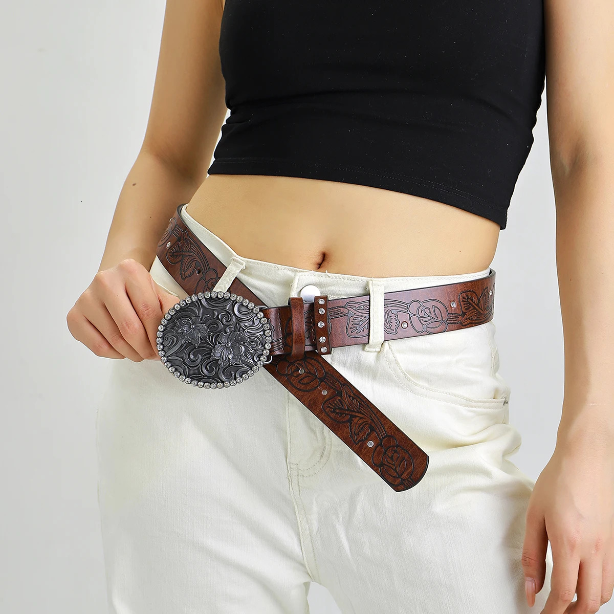 Tang Cao Pattern Retro Belt Buckle Street Dance Hip Hop Big Head Belt Western Denim Buckle Unisex Belt 250520