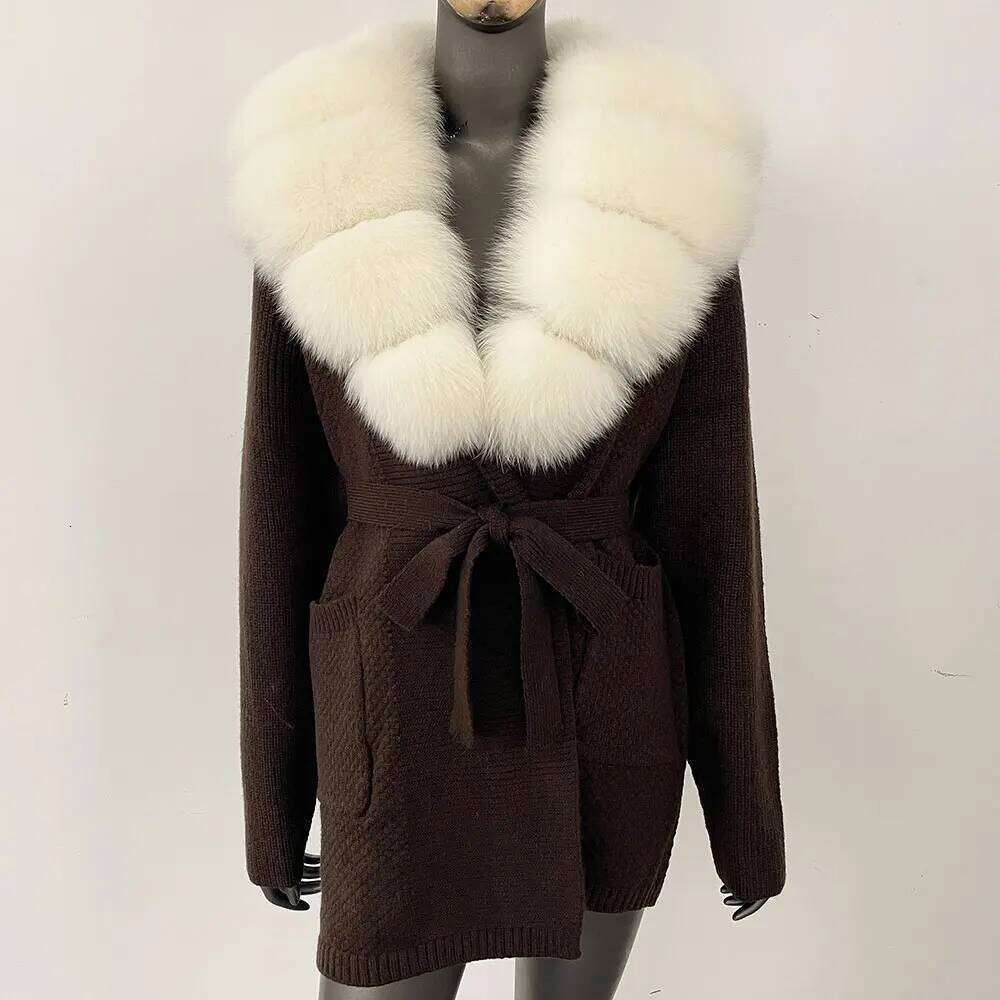 Knitting Cardigan Women Winter Real Fox Coat Long Sleeve Fashion Warm Female Hooded Natural Raccoon Fur Jacket Outwear