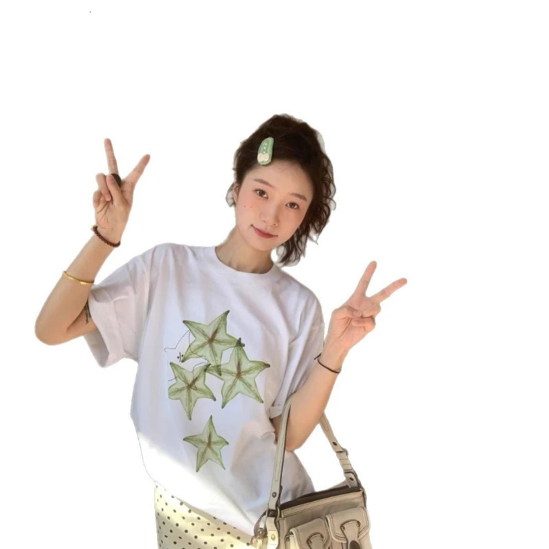 Carambola Printing White Short Sleeve Tshirt Women Summer Korean Style Commuting Tops Lady Versatile Loose Leisure 250517