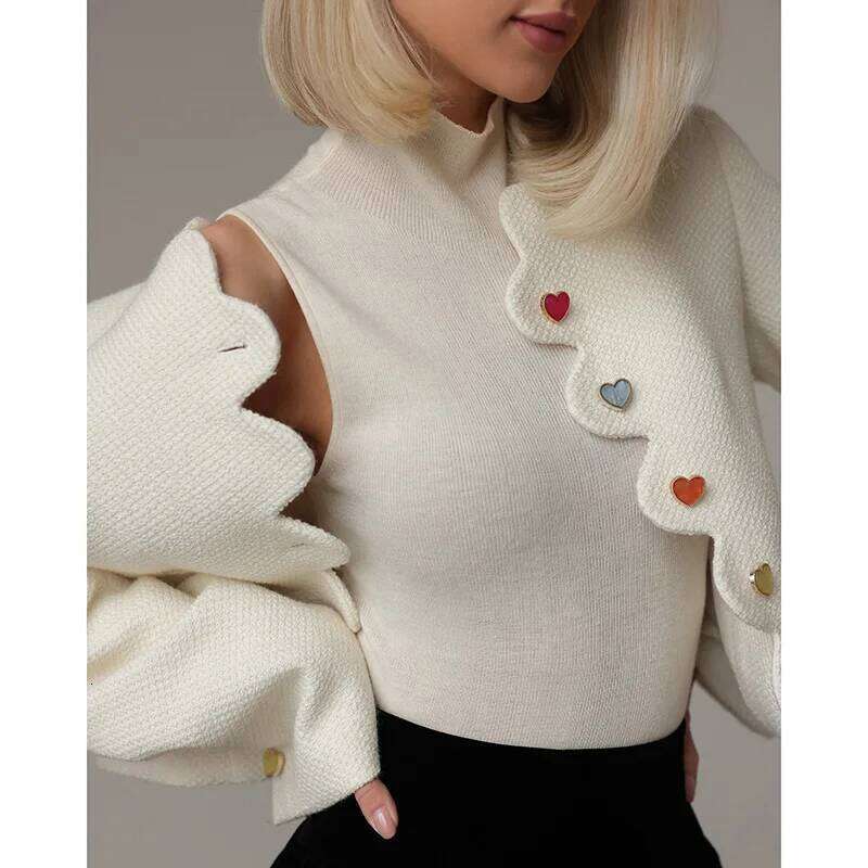 Chic Colorful Buttons Jacket For Women Fashion Solid Irregular Collar Long Sleeve Loose Coat Lady Fall Causal Commuter Wear