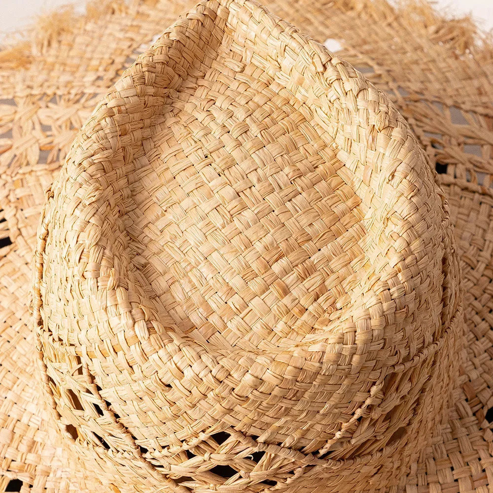 Summer Fashion Sun Hat Casual Hollow Hand Woven Raffia Jazz Sunhat Grinding Burr Edge Outdoor Sunshade Panama Straw Fedora Hat 250526
