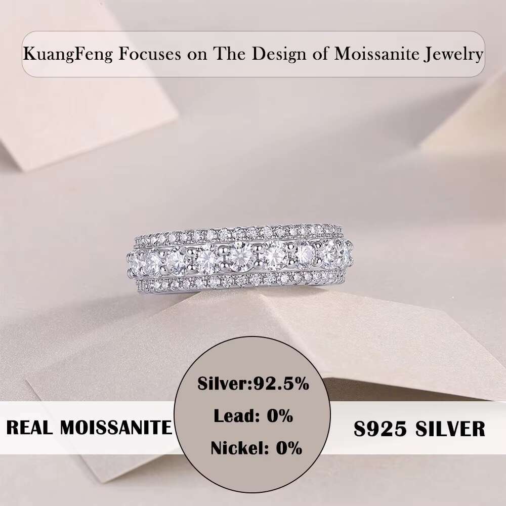 2.572CTW Full Eternity Moissanite Ring 925 Sterling Silver 18K Gold Plated 3 Row Sparkling Band Jewelry for Women Wedding Ring
